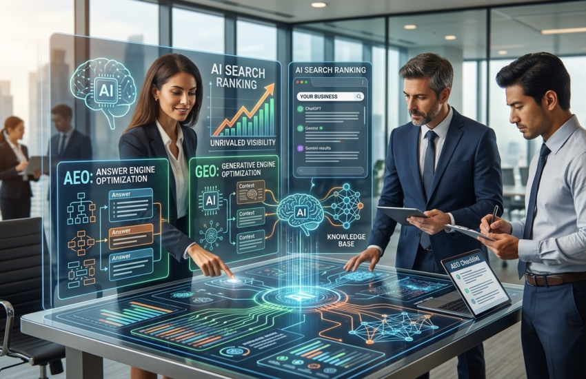 Illustration showing AI search optimization concepts like AEO and GEO helping a business rank higher with increased visibility and leads