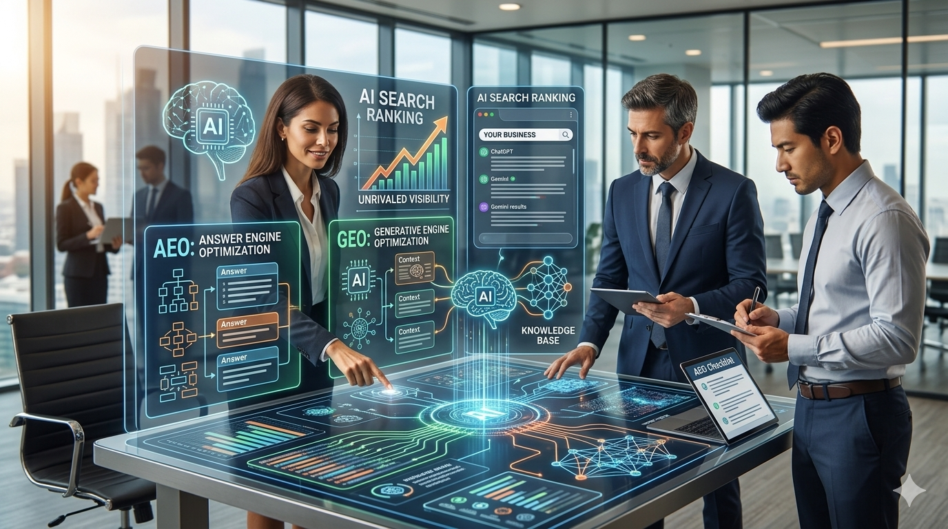 Illustration showing AI search optimization concepts like AEO and GEO helping a business rank higher with increased visibility and leads