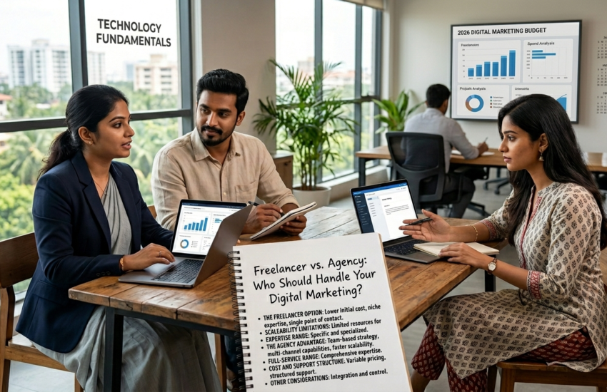 Freelancer vs agency digital marketing comparison showing cost, expertise, flexibility, and results for businesses