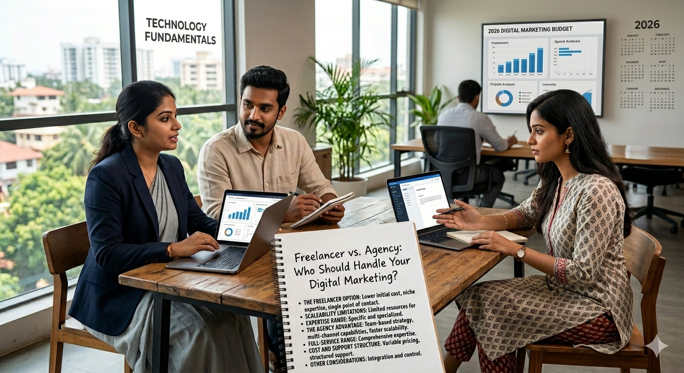 Freelancer vs agency digital marketing comparison showing cost, expertise, flexibility, and results for businesses