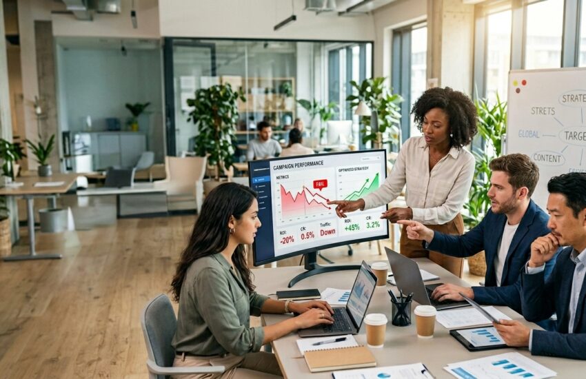 Digital marketing strategy team discussing campaign performance and lead generation growth