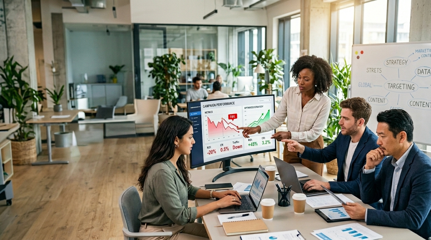 Digital marketing strategy team discussing campaign performance and lead generation growth